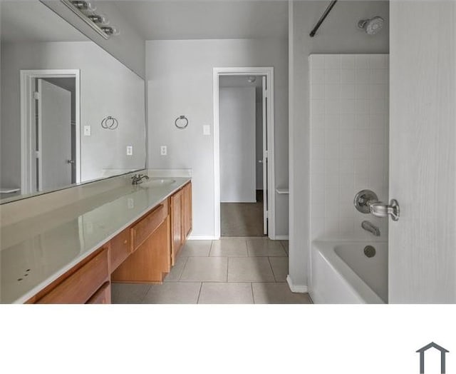 bathroom featuring tile patterned flooring, washtub / shower combination, and vanity