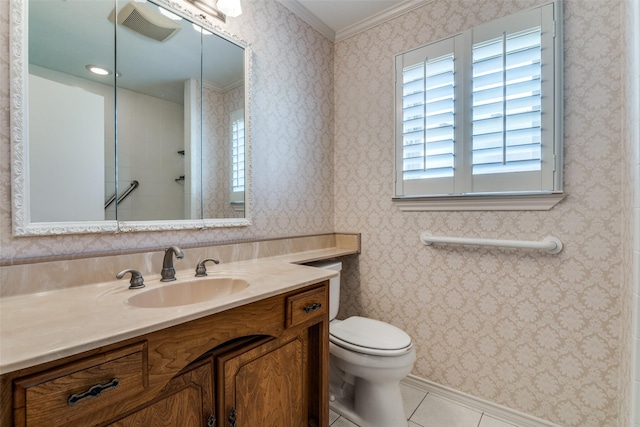 full bath with tile patterned floors, visible vents, toilet, vanity, and wallpapered walls