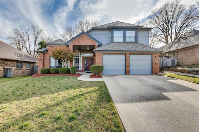 traditional home with concrete driveway, brick siding, a front lawn, and central air condition unit