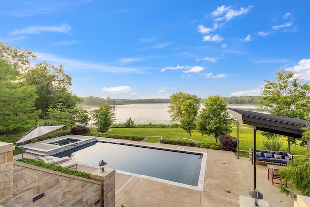 view of swimming pool featuring an in ground hot tub, an outdoor living space, a patio, a water view, and a yard