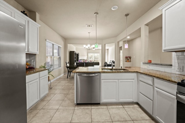 kitchen featuring appliances with stainless steel finishes, white cabinets, sink, and kitchen peninsula