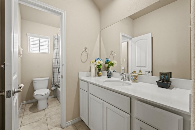 full bathroom with shower / tub combo, vanity, tile patterned floors, and toilet