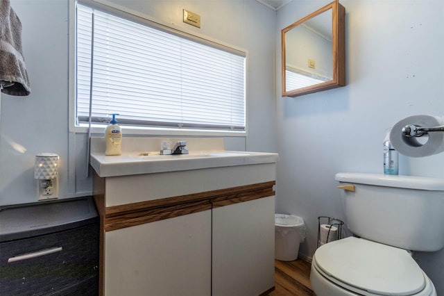 bathroom with toilet, a wealth of natural light, vanity, and wood-type flooring