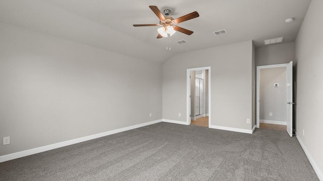 unfurnished bedroom with lofted ceiling, carpet floors, and ceiling fan