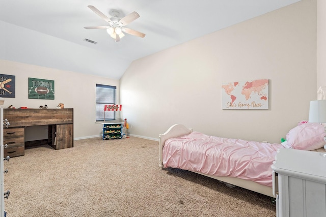 bedroom featuring carpet floors, ceiling fan, and vaulted ceiling