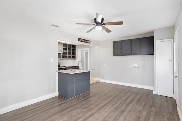 kitchen featuring appliances with stainless steel finishes, ceiling fan, dark hardwood / wood-style flooring, and sink