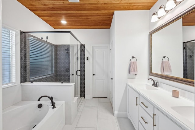 bathroom with tile patterned flooring, wooden ceiling, plus walk in shower, and vanity