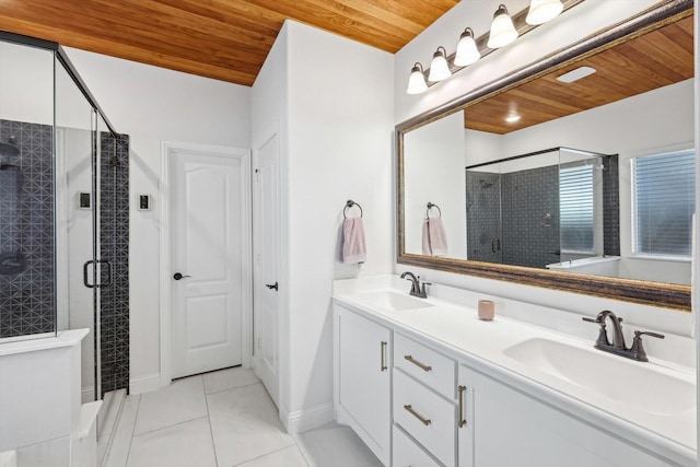 bathroom with vanity, tile patterned flooring, a shower with shower door, and wood ceiling