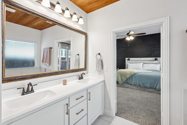 bathroom featuring tile patterned flooring, ceiling fan, wooden ceiling, and vanity