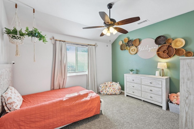 bedroom with carpet flooring, ceiling fan, and vaulted ceiling