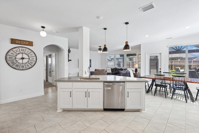 kitchen with sink, pendant lighting, white cabinetry, and stainless steel dishwasher