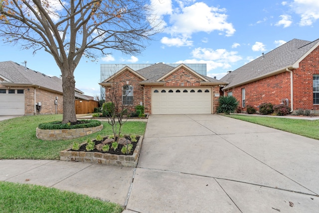 single story home with a garage and a front yard