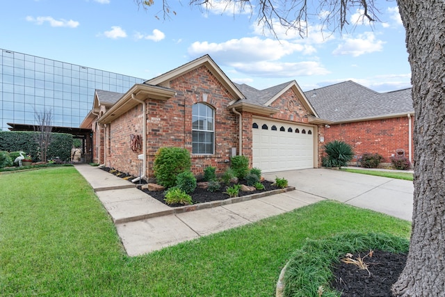 ranch-style house with a garage and a front yard