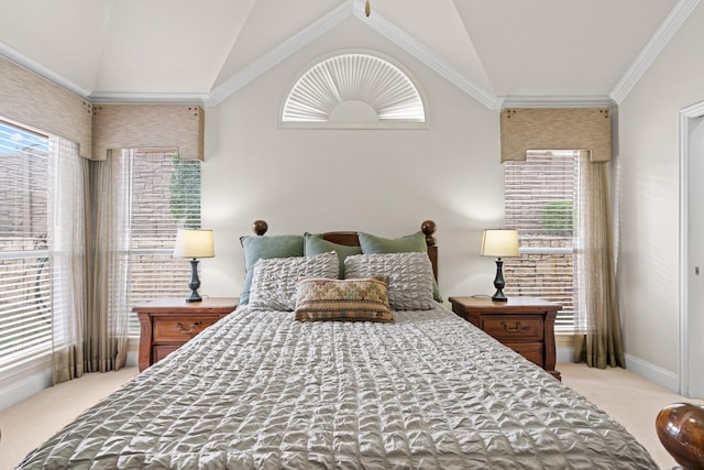 carpeted bedroom with high vaulted ceiling and crown molding