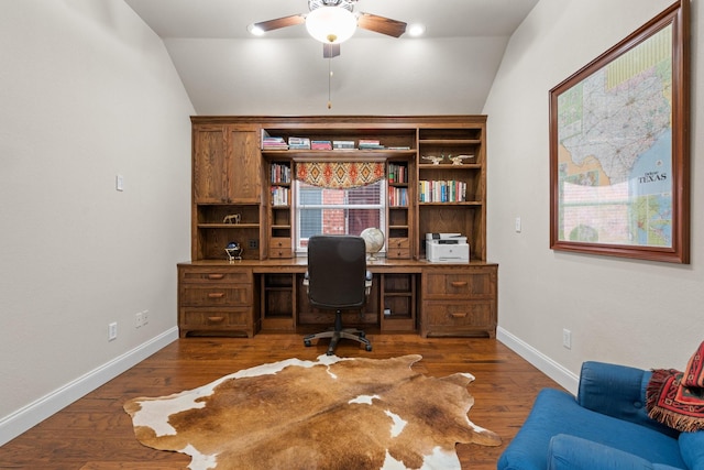 office with vaulted ceiling, ceiling fan, and dark hardwood / wood-style floors