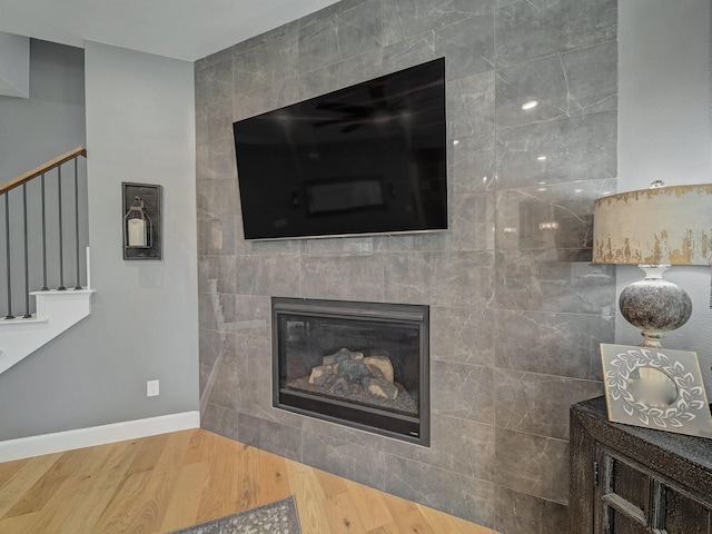 room details with a fireplace and wood-type flooring