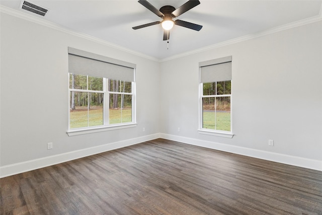 unfurnished room featuring ornamental molding, ceiling fan, and dark hardwood / wood-style floors