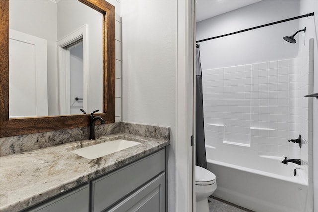 full bathroom featuring toilet, shower / bath combination with curtain, and vanity