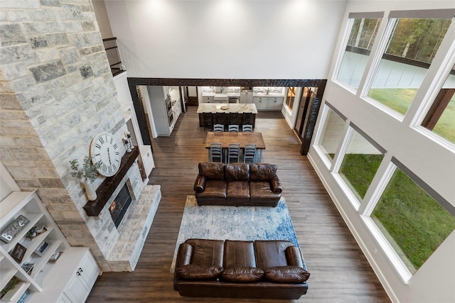 living room featuring a high ceiling, a stone fireplace, and dark hardwood / wood-style floors