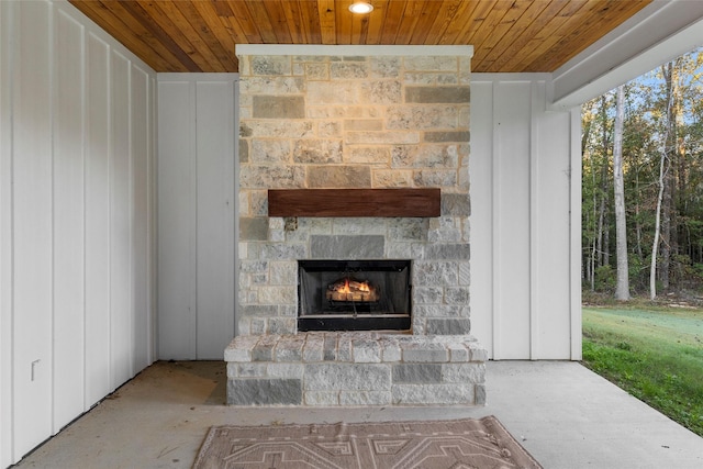 room details with a stone fireplace