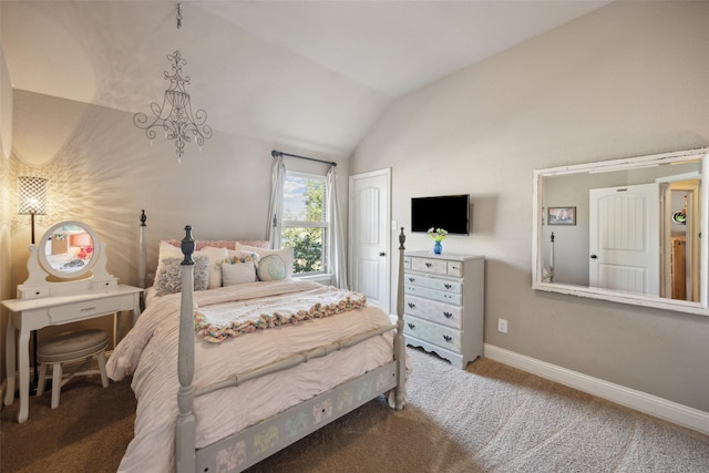 bedroom featuring an inviting chandelier, lofted ceiling, and carpet flooring