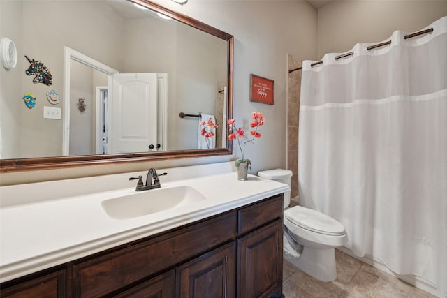 full bathroom with toilet, shower / bath combo, vanity, and tile patterned flooring