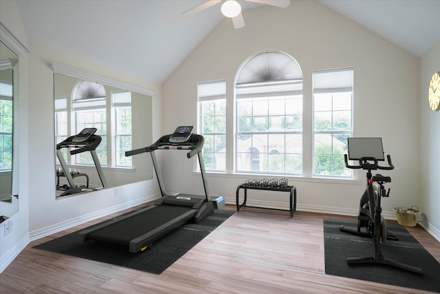 workout room with ceiling fan, light hardwood / wood-style flooring, and lofted ceiling