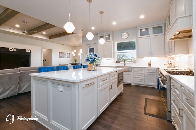 kitchen with appliances with stainless steel finishes, hanging light fixtures, a center island, custom range hood, and white cabinets