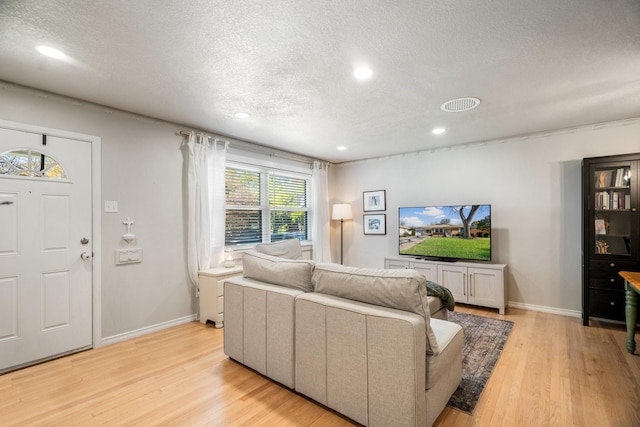 living room with a textured ceiling and light wood-type flooring