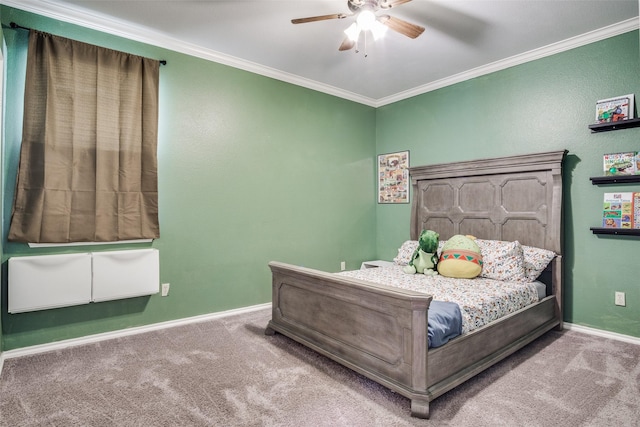 bedroom with ceiling fan, ornamental molding, and carpet flooring