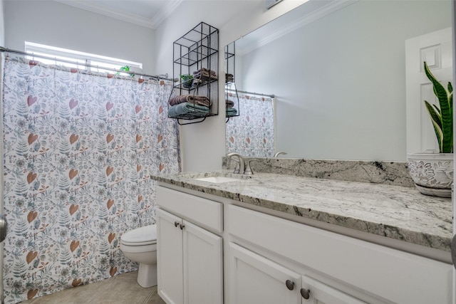 bathroom with ornamental molding, a shower with curtain, toilet, tile patterned floors, and vanity