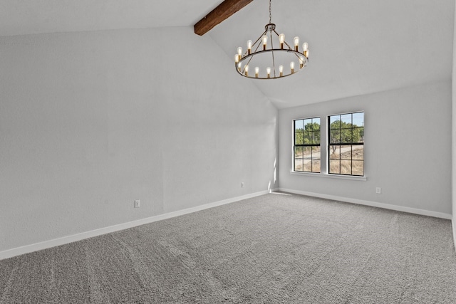 spare room featuring vaulted ceiling with beams, baseboards, a chandelier, and carpet flooring