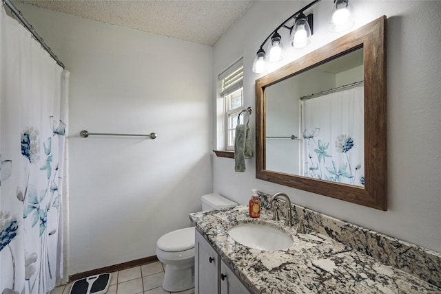 bathroom with toilet, a textured ceiling, tile patterned flooring, a shower with curtain, and vanity