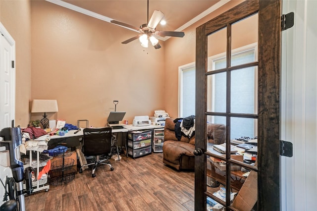 office space with ceiling fan, hardwood / wood-style flooring, and crown molding