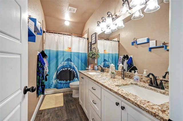 bathroom featuring toilet, vanity, a shower with curtain, a textured ceiling, and lofted ceiling