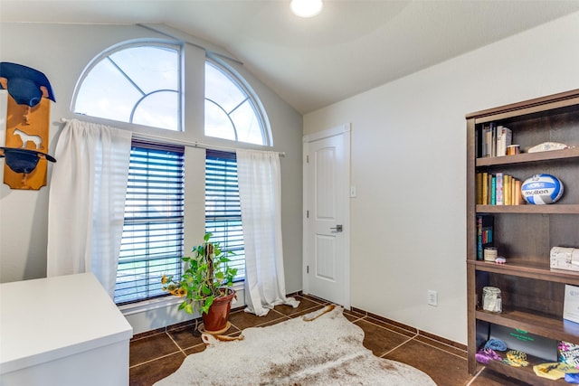 sitting room with dark tile patterned floors and vaulted ceiling