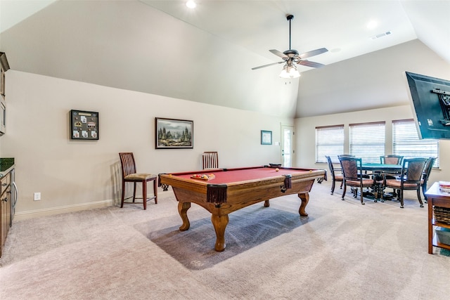 recreation room with pool table, ceiling fan, vaulted ceiling, and light colored carpet