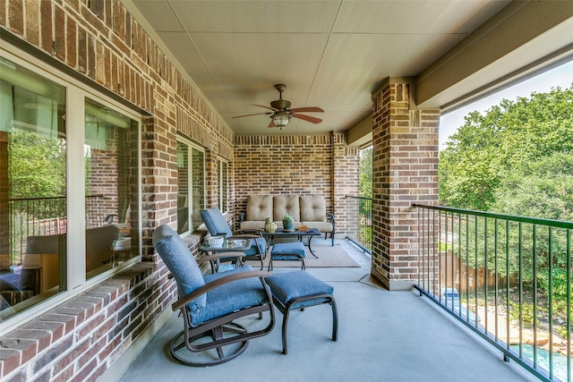 view of patio with ceiling fan, an outdoor hangout area, and a balcony