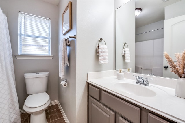 bathroom with toilet, tile patterned floors, and vanity