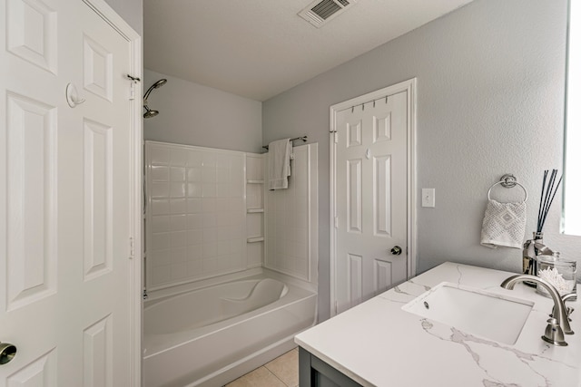 bathroom featuring tile patterned flooring, shower / bathing tub combination, and vanity