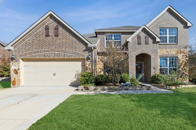 view of front of home featuring a front lawn, concrete driveway, a garage, stone siding, and brick siding