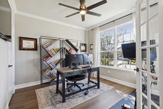 home office featuring french doors, dark hardwood / wood-style flooring, ornamental molding, and ceiling fan