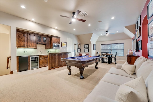 recreation room with ceiling fan, billiards, lofted ceiling, and wine cooler