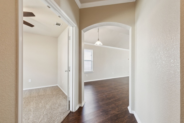 corridor with crown molding and dark hardwood / wood-style floors