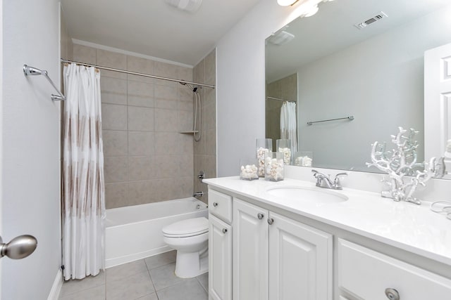 full bathroom with toilet, tile patterned flooring, shower / bath combo, and vanity