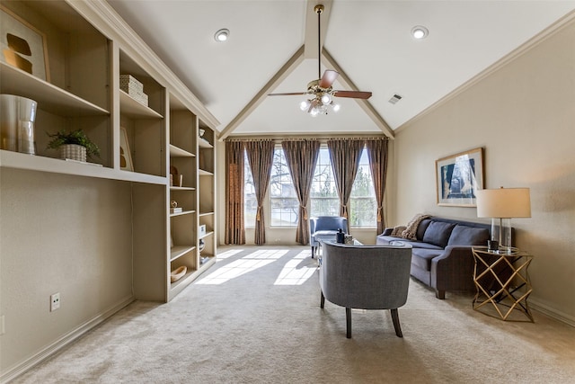 office featuring lofted ceiling with beams, light carpet, ceiling fan, and ornamental molding