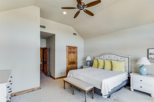 bedroom featuring ceiling fan, light colored carpet, and lofted ceiling