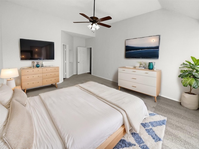 bedroom featuring lofted ceiling, ceiling fan, and carpet