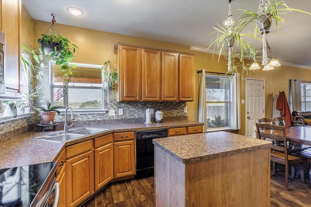 kitchen with a center island, dark hardwood / wood-style floors, stainless steel electric range, black dishwasher, and sink