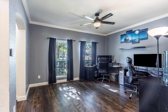 office area with ornamental molding, ceiling fan, and dark hardwood / wood-style floors